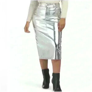 NWT 7 for All Mankind Metallic Silver Faux Leather MIDI Skirt